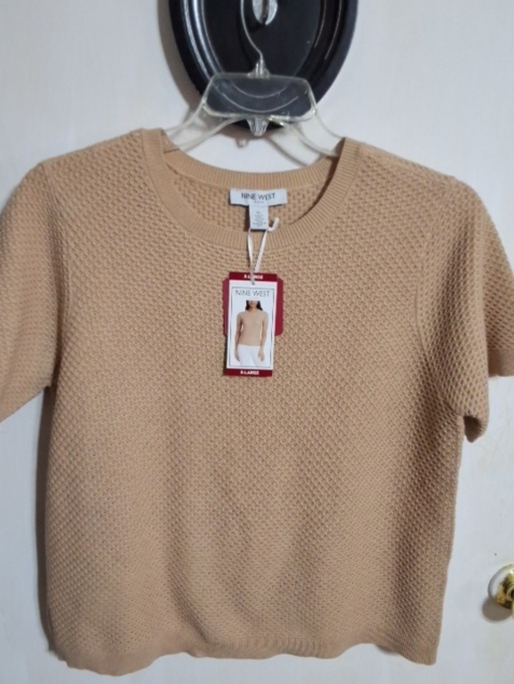 Nine West Beige Short Sleeve Textured Crew Neck Sweater XL